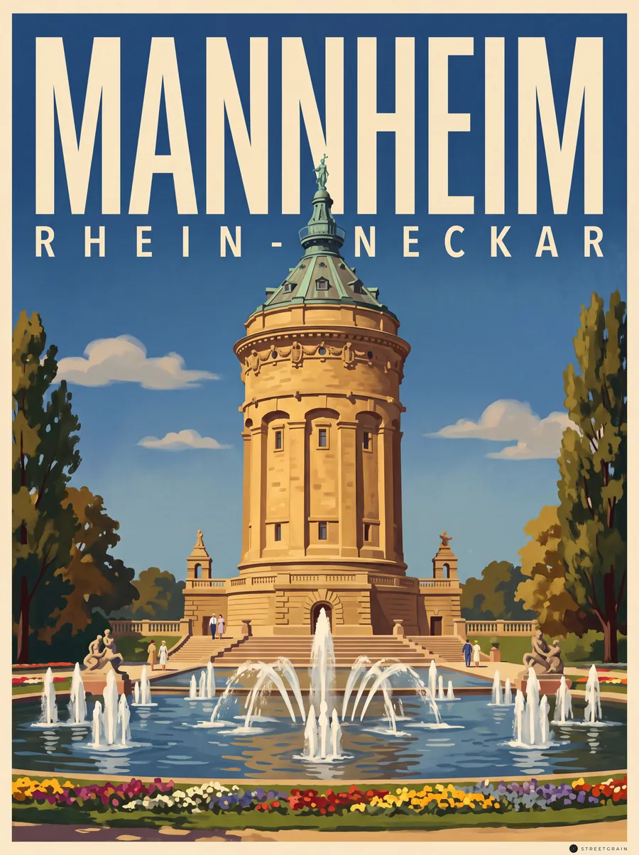 Mannheimer Wasserturm mit Fontänen und Blumenbeeten, Malerisch