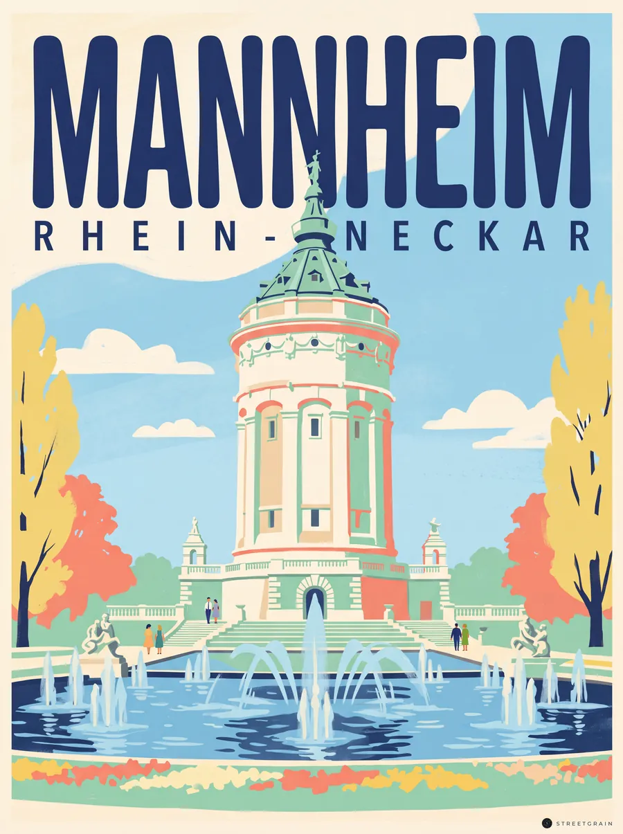 Mannheimer Wasserturm mit Fontänen und Blumenbeeten, Mid-Century