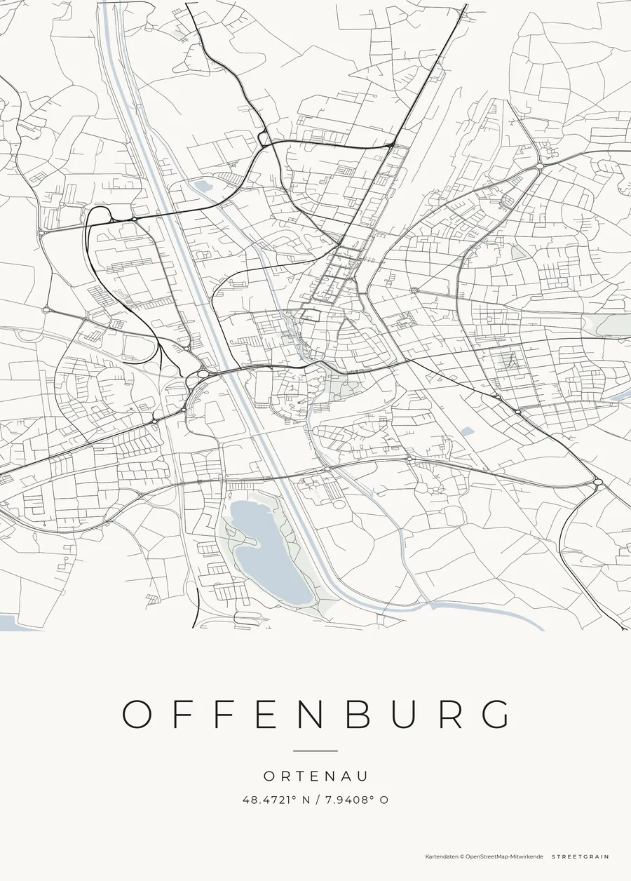 Offenburg-Karte in dunkle Straßen auf Weiß