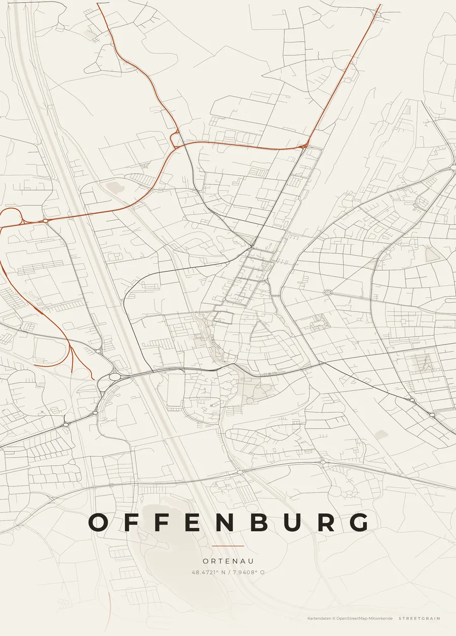 Offenburg-Karte in Papierweiß mit rostroten Hauptstraßen