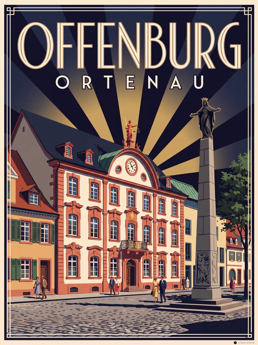 Offenburger Marktplatz mit Rathaus und Ursulasäule, Art déco
