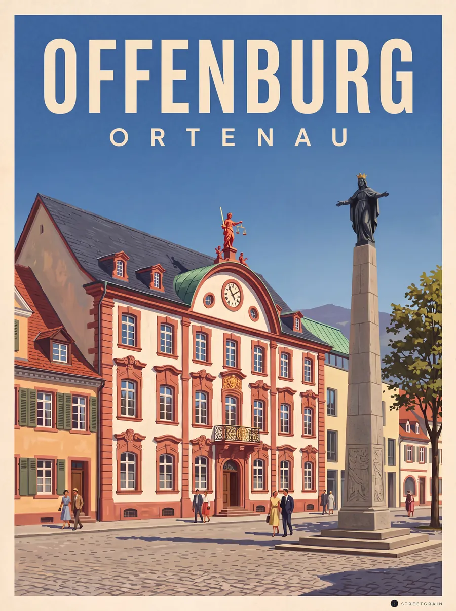 Offenburger Marktplatz mit Rathaus und Ursulasäule, Malerisch