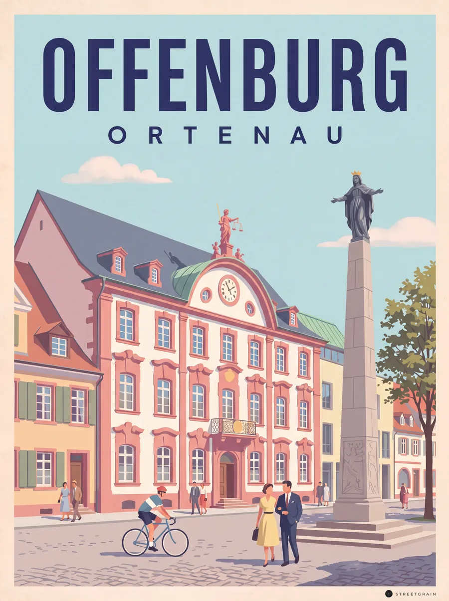 Offenburger Marktplatz mit Rathaus und Ursulasäule, Mid-Century