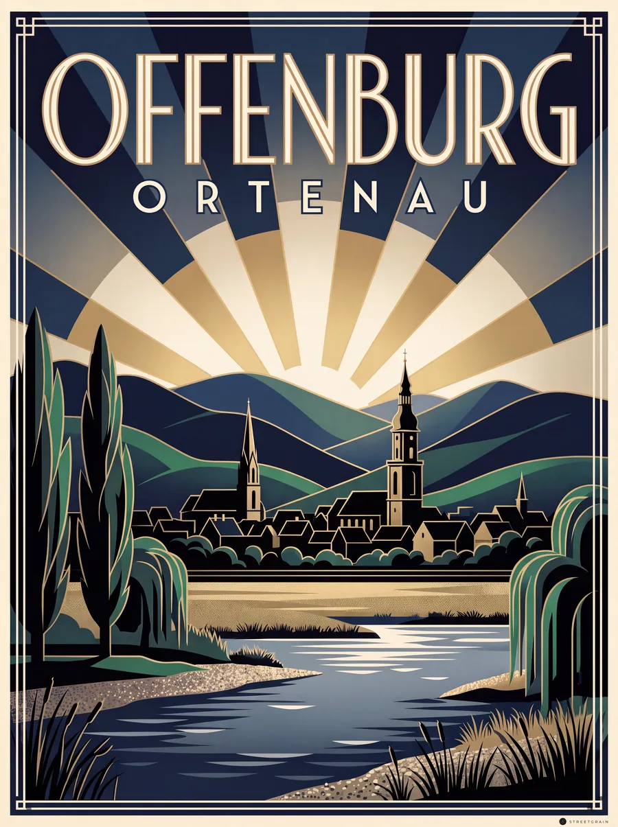 Offenburg vom Kinzigufer mit Kirchturm und Schwarzwald, Art déco