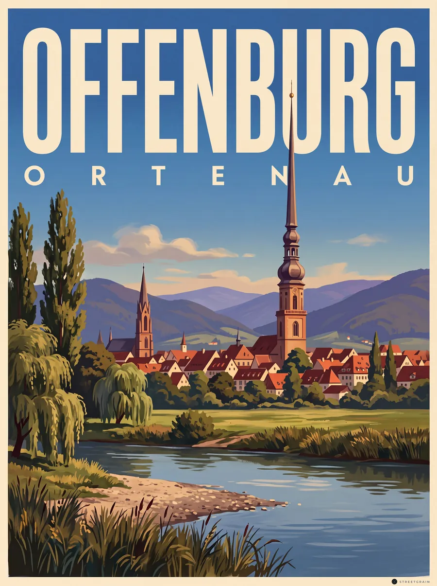 Offenburg vom Kinzigufer mit Kirchturm und Schwarzwald, Malerisch