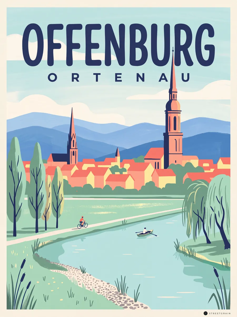 Offenburg vom Kinzigufer mit Kirchturm und Schwarzwald, Mid-Century