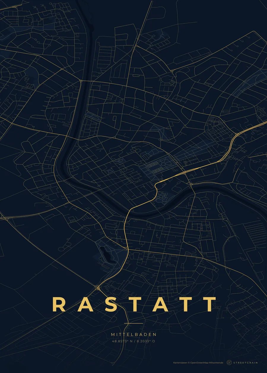 Rastatt-Karte in Nachtblau mit goldenen Hauptstraßen