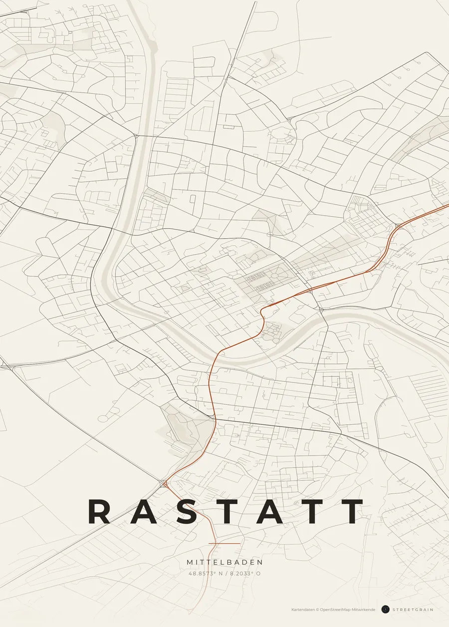 Rastatt-Karte in Papierweiß mit rostroten Hauptstraßen