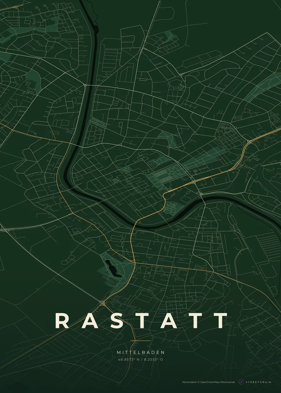 Rastatt-Karte in Schwarzwaldgrün mit cremefarbenen Straßen