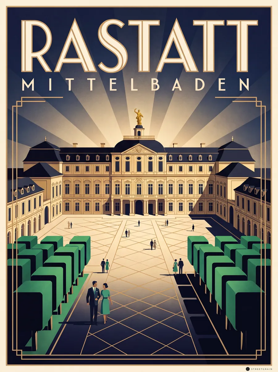 Residenzschloss Rastatt mit goldener Figur auf dem Dach, Art déco