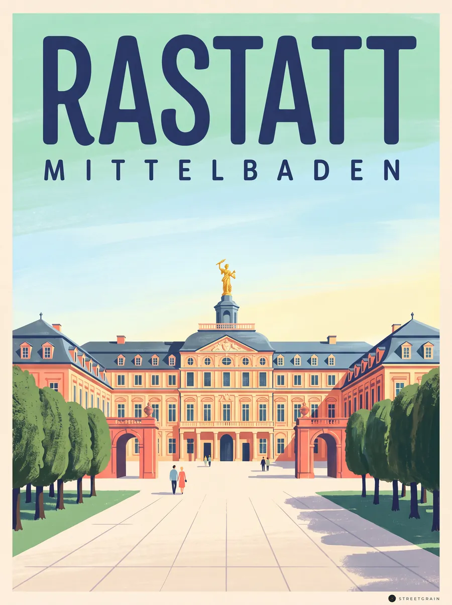 Residenzschloss Rastatt mit goldener Figur auf dem Dach, Mid-Century