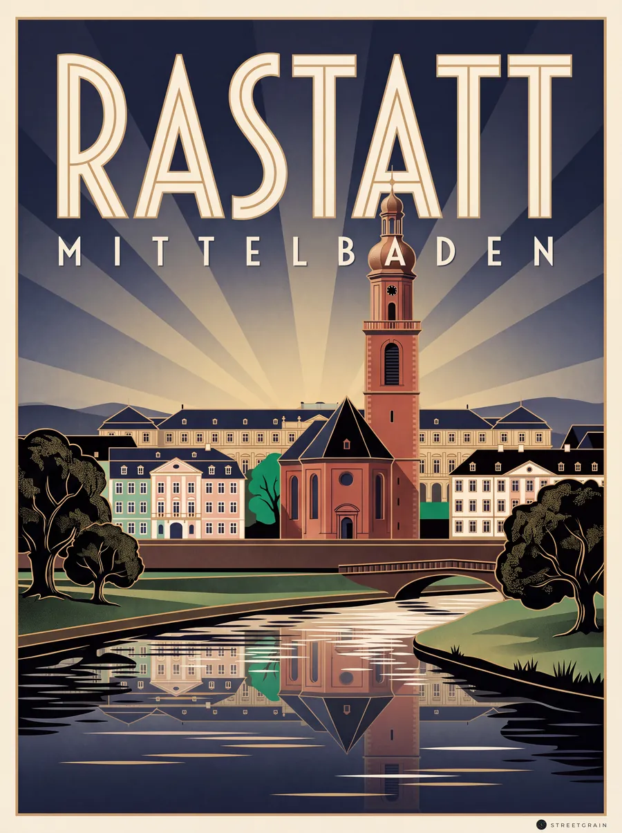 Rastatt an der Murg mit Steinbrücke und Stadtkirche St. Alexander, Art déco