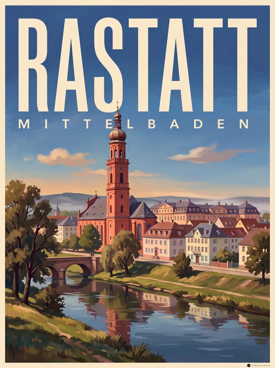 Rastatt an der Murg mit Steinbrücke und Stadtkirche St. Alexander, Malerisch