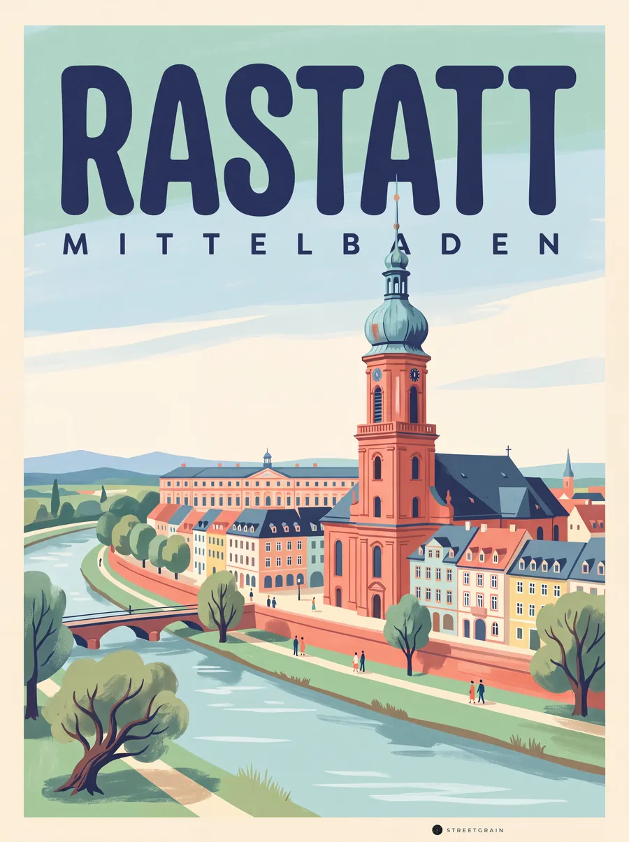 Rastatt an der Murg mit Steinbrücke und Stadtkirche St. Alexander, Mid-Century