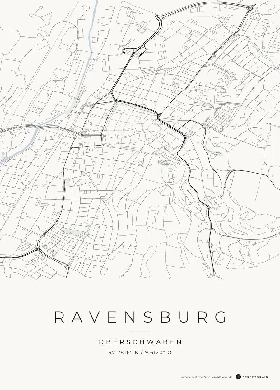 Ravensburg-Karte in dunkle Straßen auf Weiß