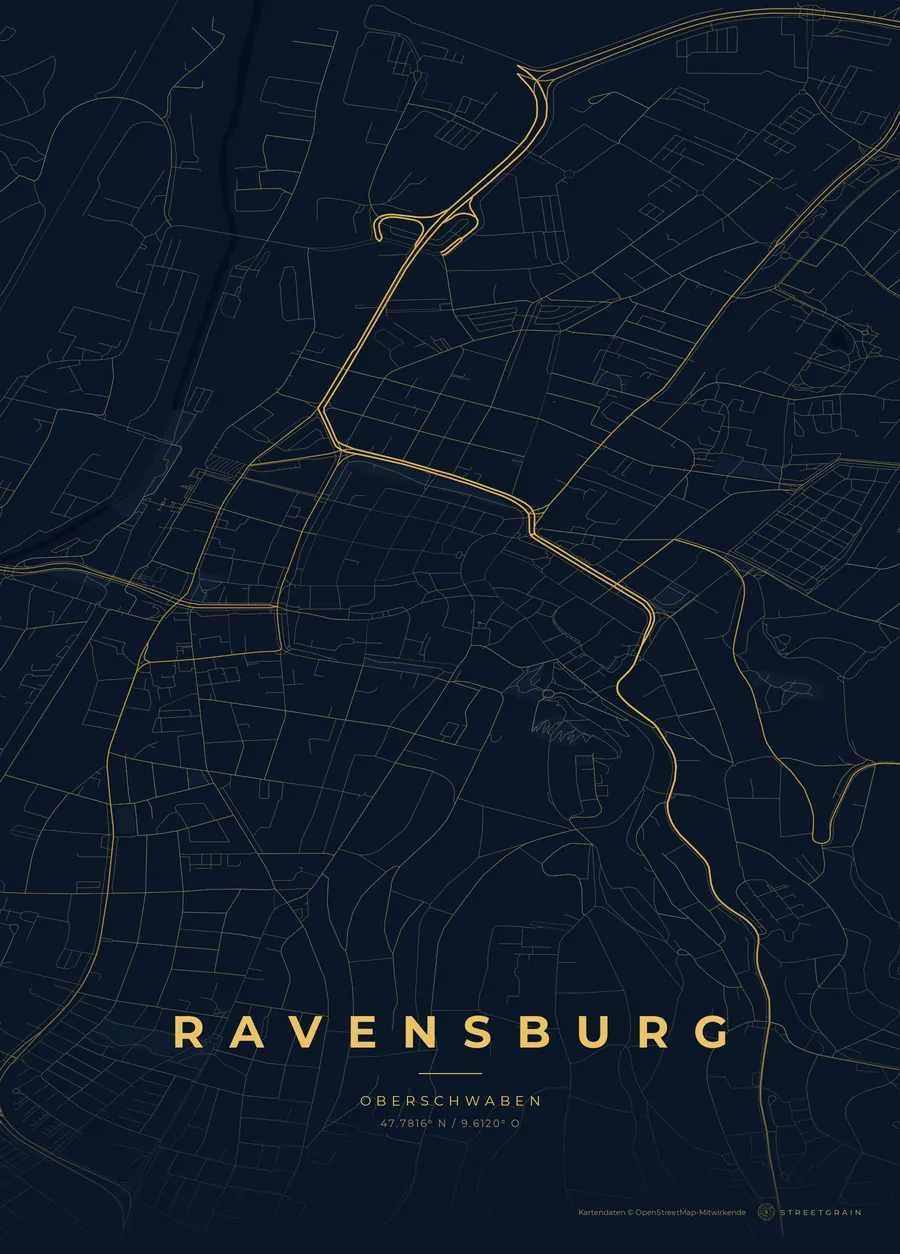 Ravensburg-Karte in Nachtblau mit goldenen Hauptstraßen