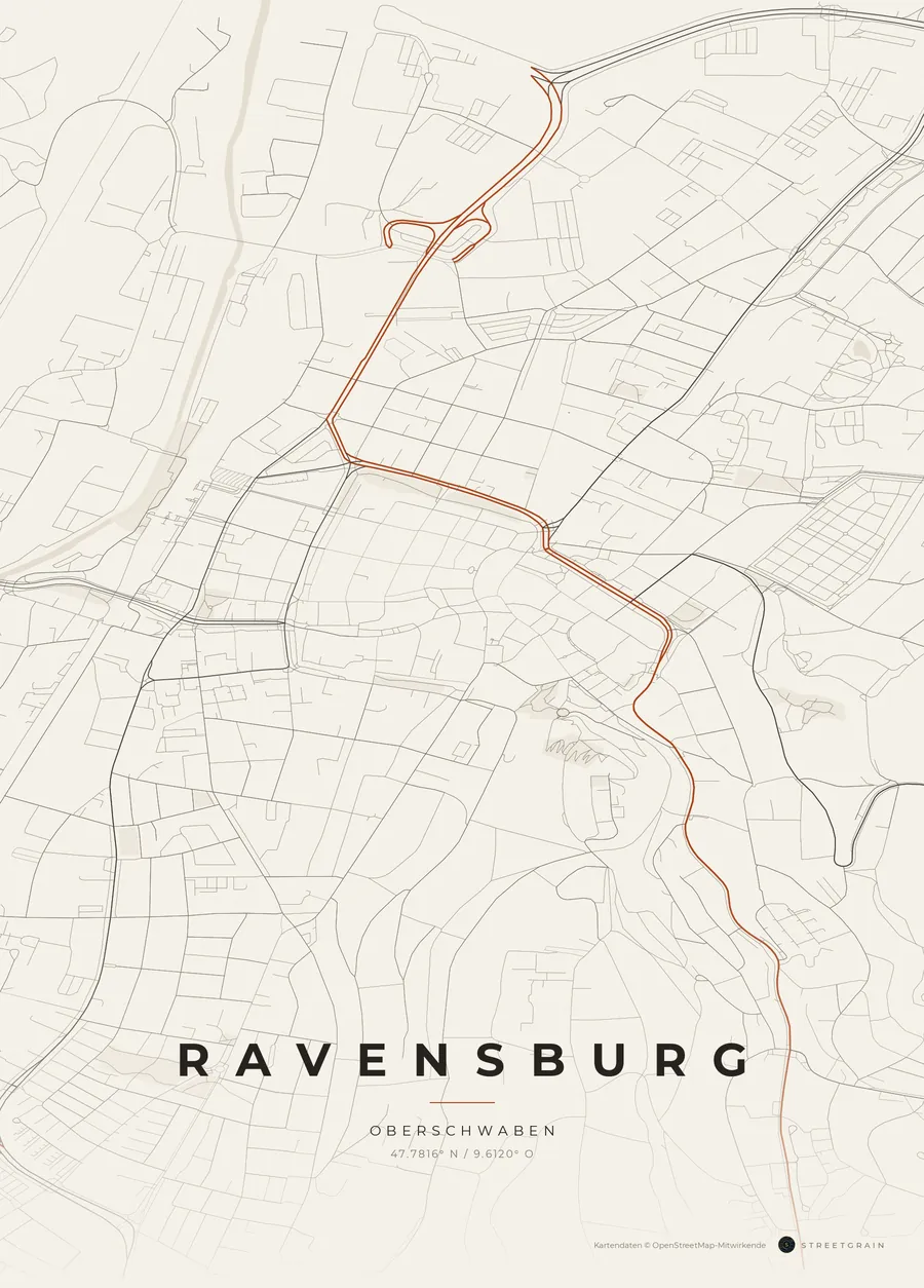 Ravensburg-Karte in Papierweiß mit rostroten Hauptstraßen