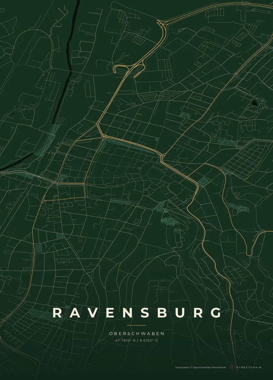 Ravensburg-Karte in Schwarzwaldgrün mit cremefarbenen Straßen