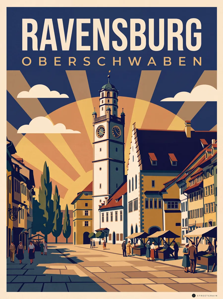 Blaserturm und Waaghaus am Ravensburger Marienplatz, Art déco