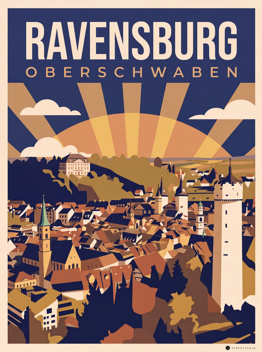 Ravensburger Altstadt mit ihren Türmen und dem Mehlsack, Art déco
