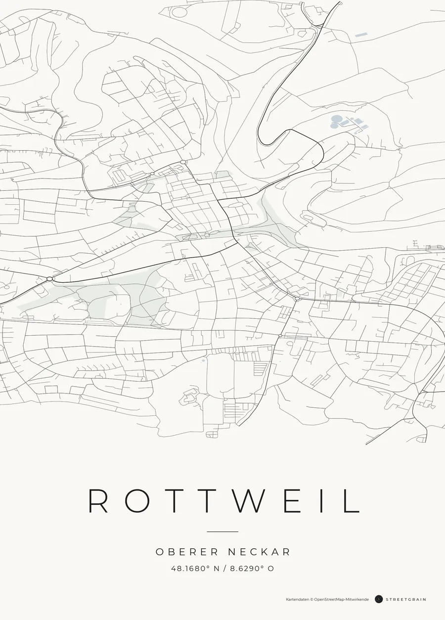 Rottweil-Karte in dunkle Straßen auf Weiß