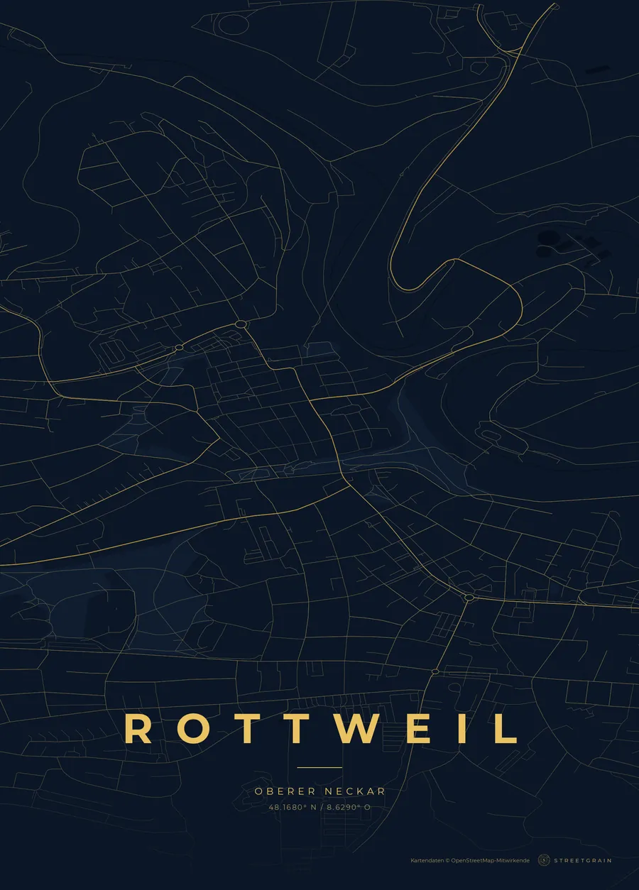 Rottweil-Karte in Nachtblau mit goldenen Hauptstraßen