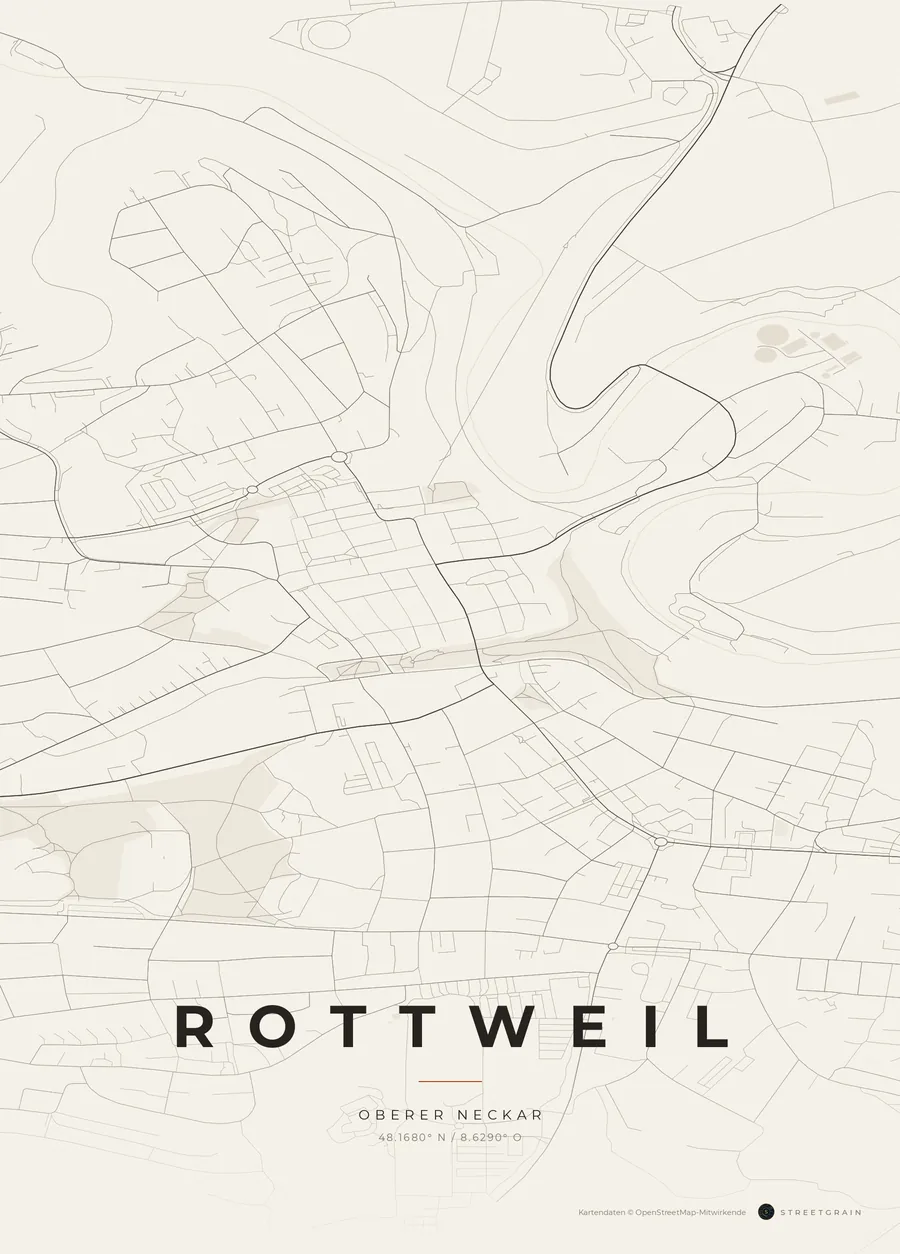 Rottweil-Karte in Papierweiß mit rostroten Hauptstraßen