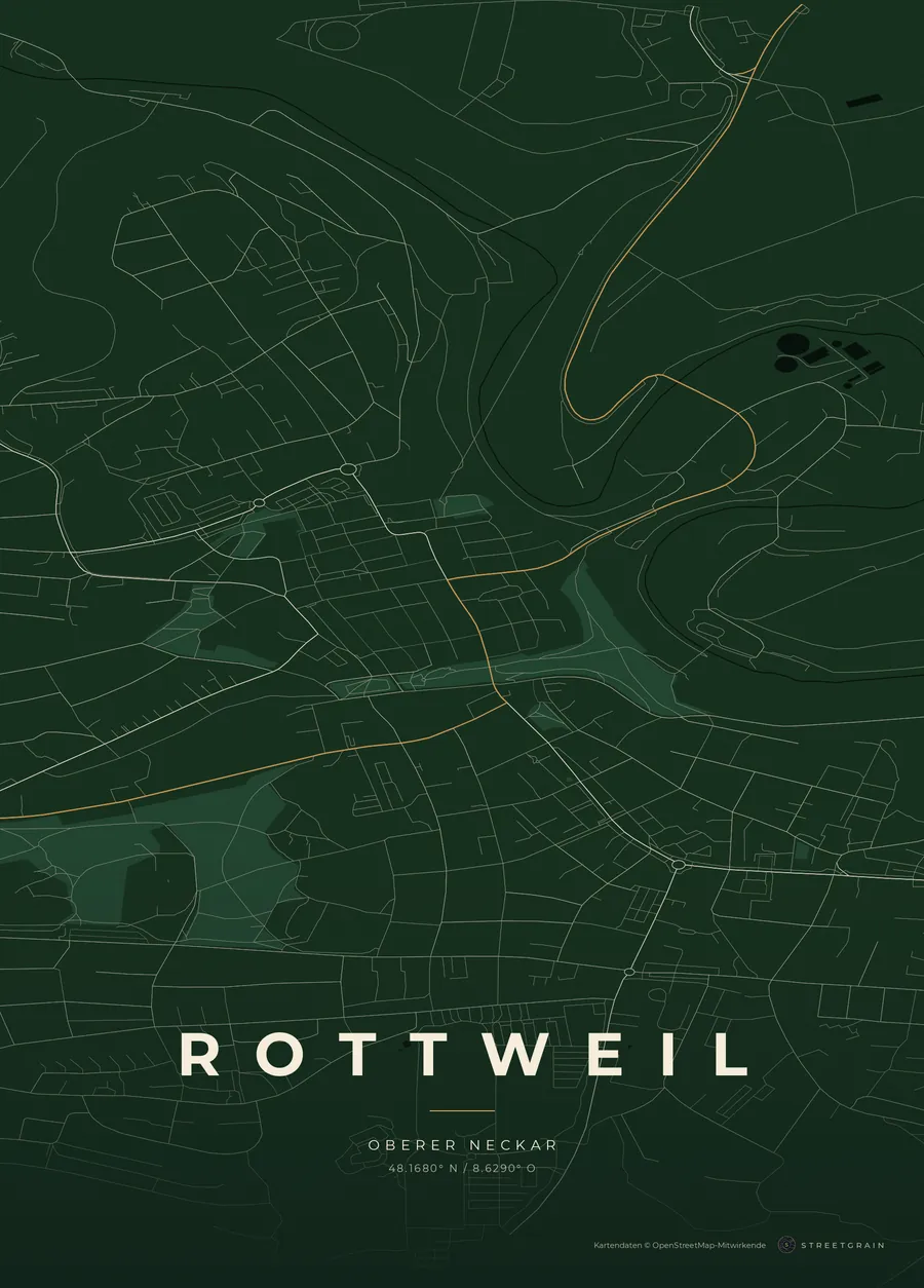Rottweil-Karte in Schwarzwaldgrün mit cremefarbenen Straßen