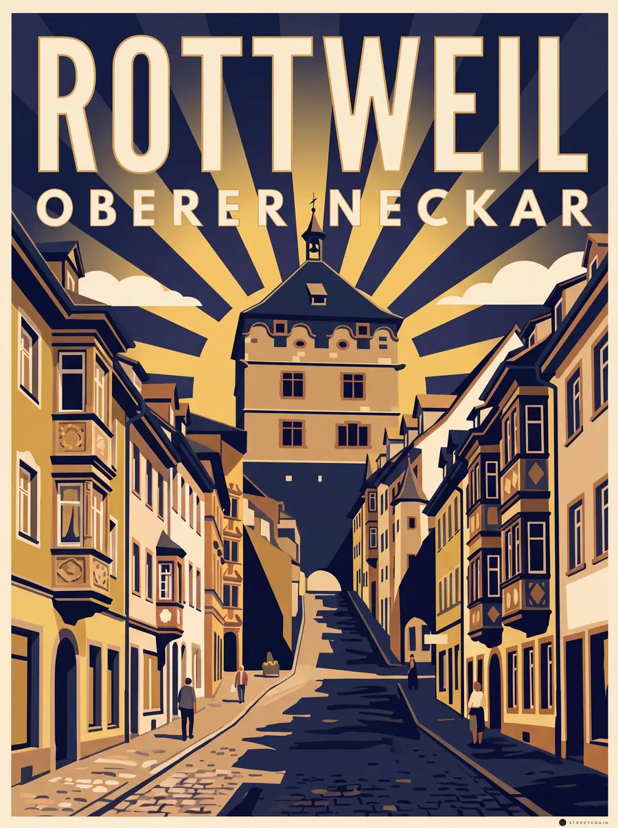 Rottweiler Hauptstraße mit Erkerhäusern und dem Schwarzen Tor, Art déco