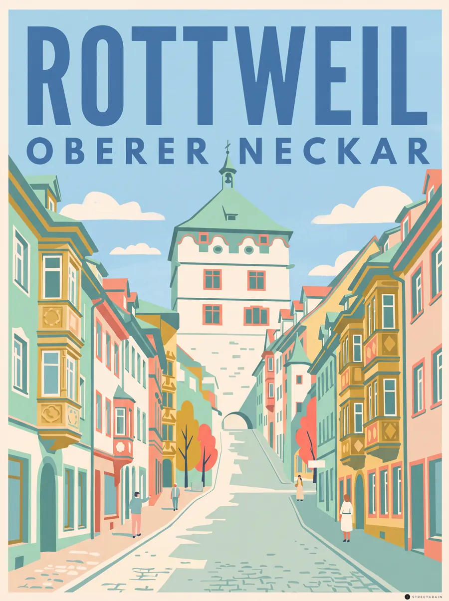 Rottweiler Hauptstraße mit Erkerhäusern und dem Schwarzen Tor, Mid-Century