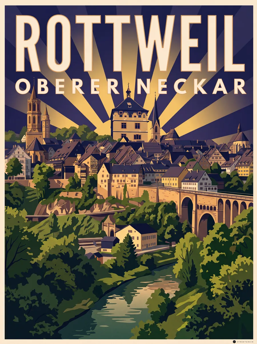 Rottweiler Altstadt mit Türmen über dem Neckartal, Art déco