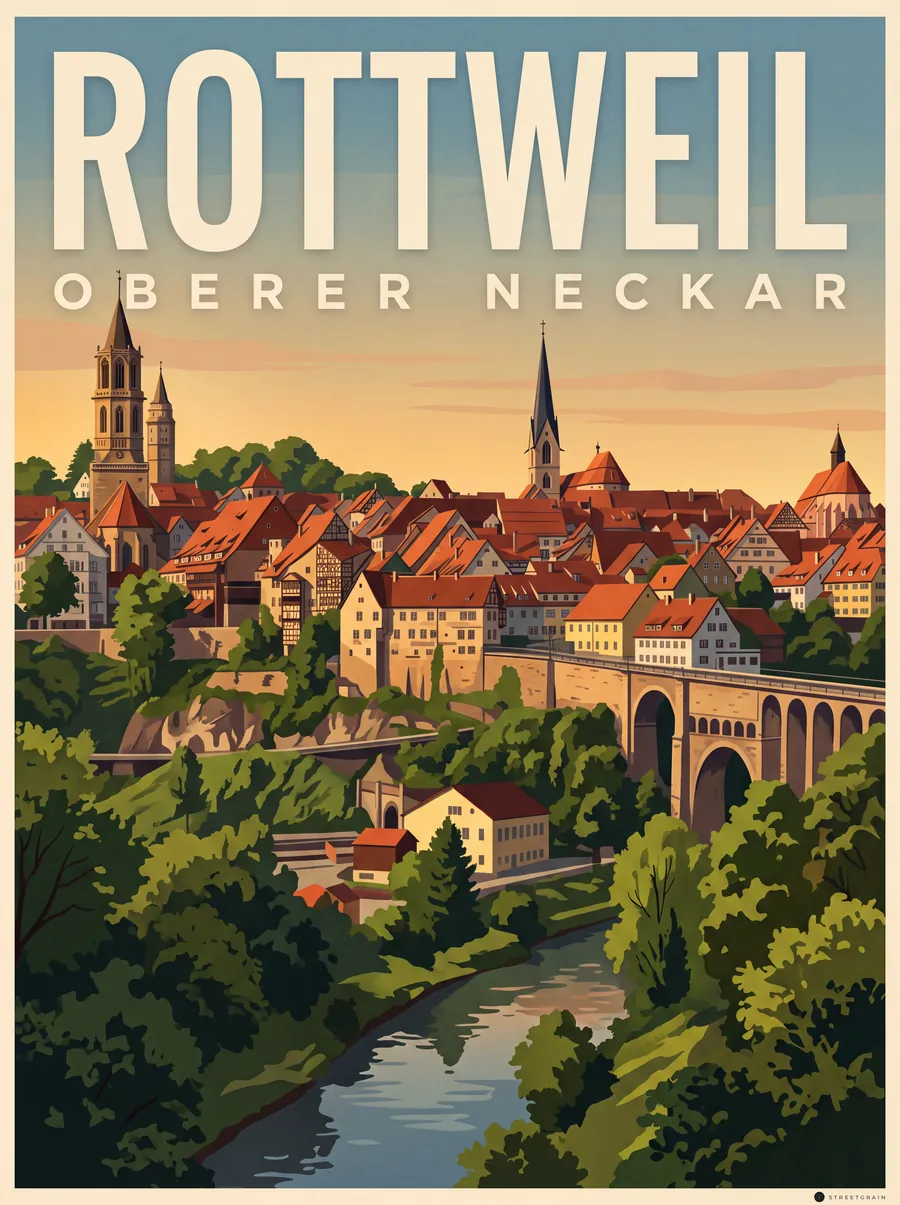 Rottweiler Altstadt mit Türmen über dem Neckartal, Malerisch