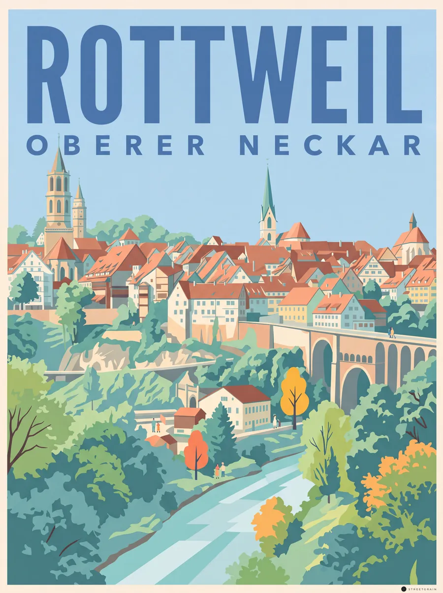 Rottweiler Altstadt mit Türmen über dem Neckartal, Mid-Century