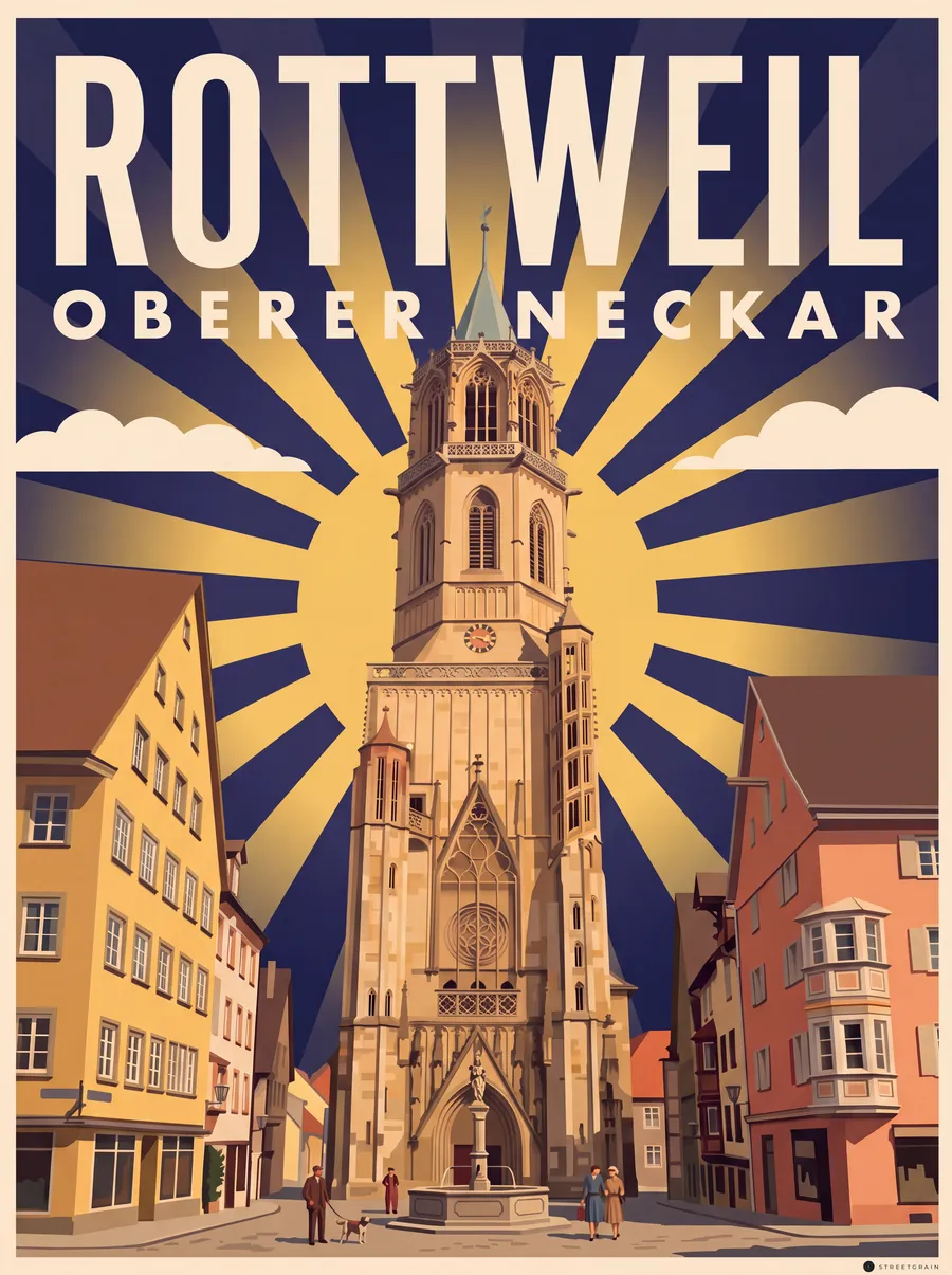 Kapellenturm in Rottweil zwischen Altstadthäusern, Art déco