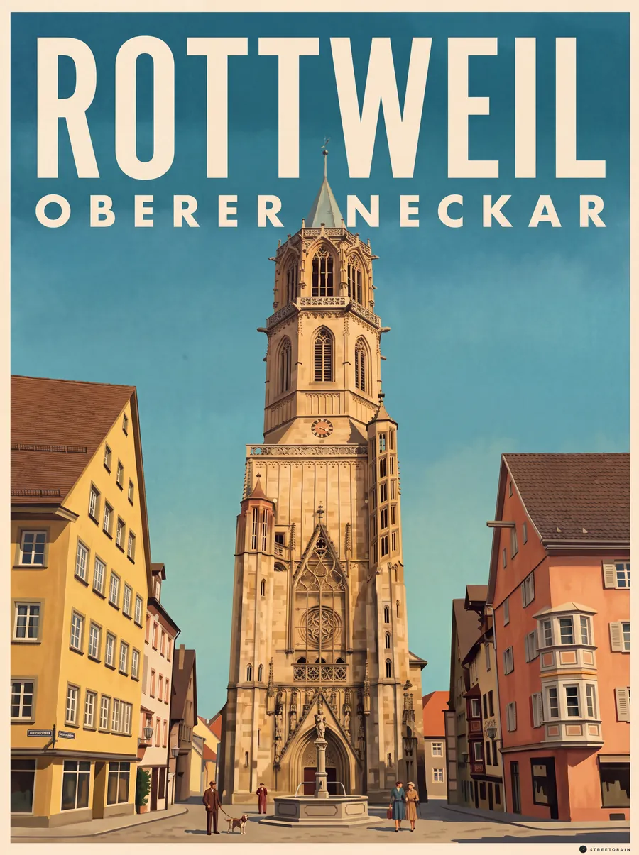 Kapellenturm in Rottweil zwischen Altstadthäusern, Malerisch