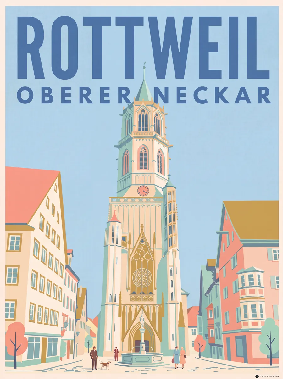 Kapellenturm in Rottweil zwischen Altstadthäusern, Mid-Century
