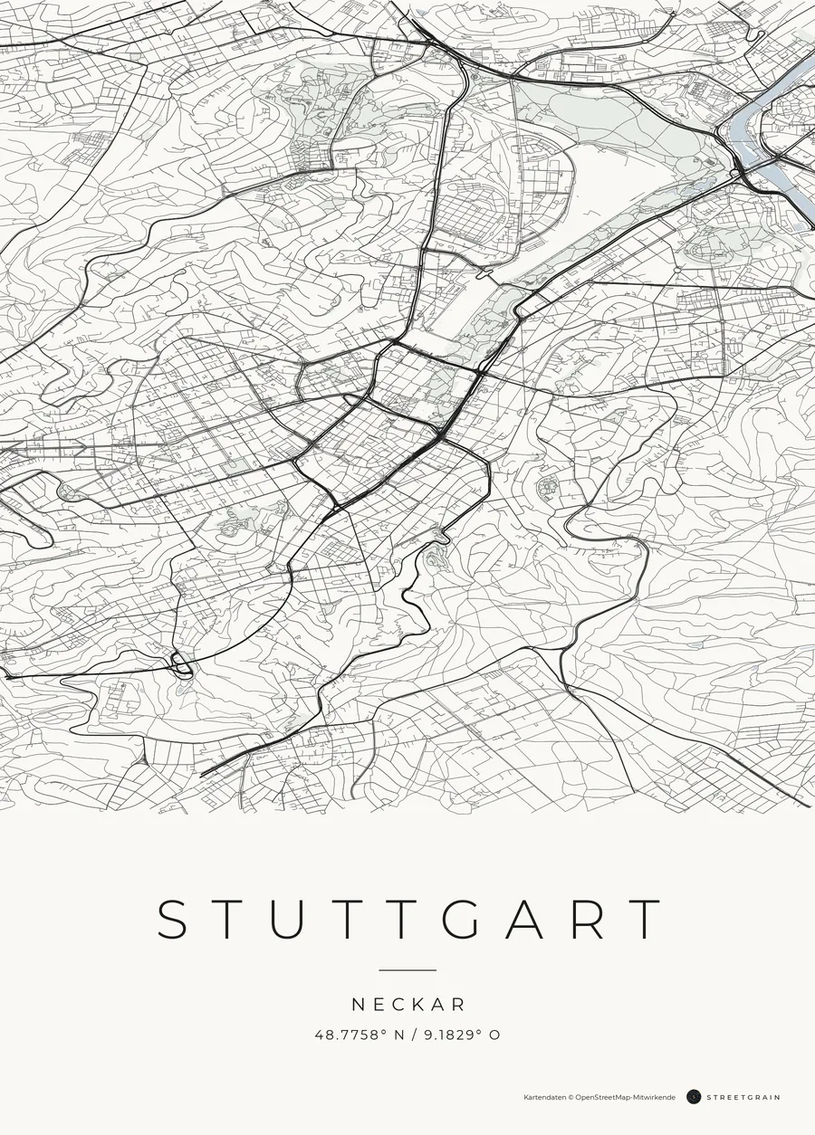 Stuttgart-Karte in dunkle Straßen auf Weiß