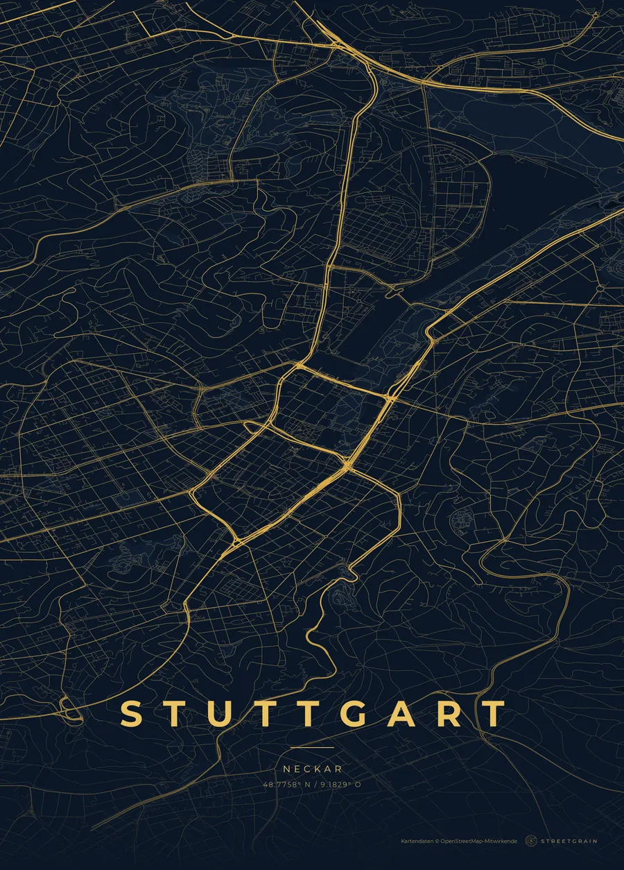 Stuttgart-Karte in Nachtblau mit goldenen Hauptstraßen