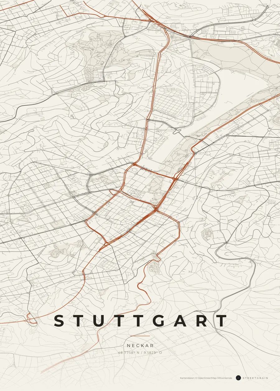 Stuttgart-Karte in Papierweiß mit rostroten Hauptstraßen
