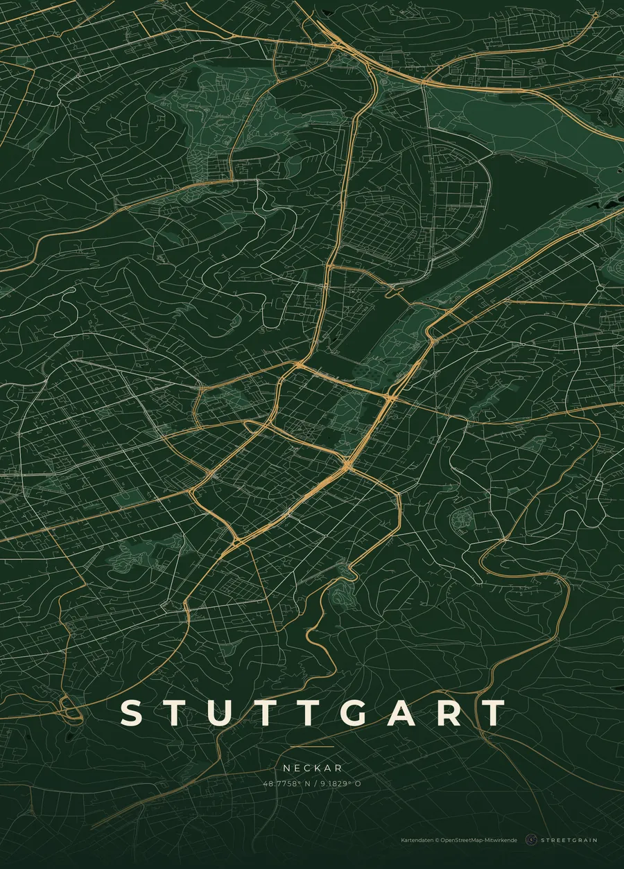Stuttgart-Karte in Schwarzwaldgrün mit cremefarbenen Straßen
