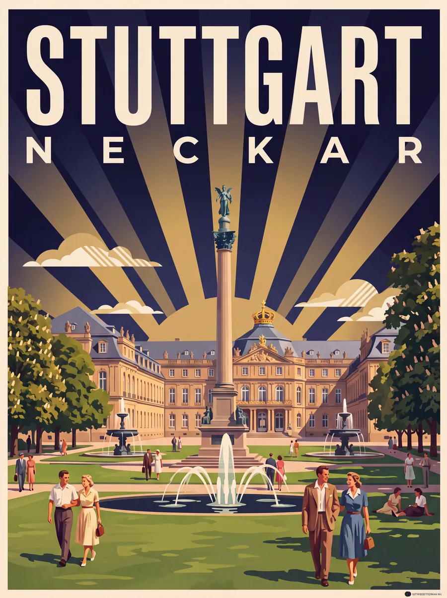 Stuttgarter Schlossplatz mit Jubiläumssäule, Springbrunnen und Neuem Schloss, Art déco