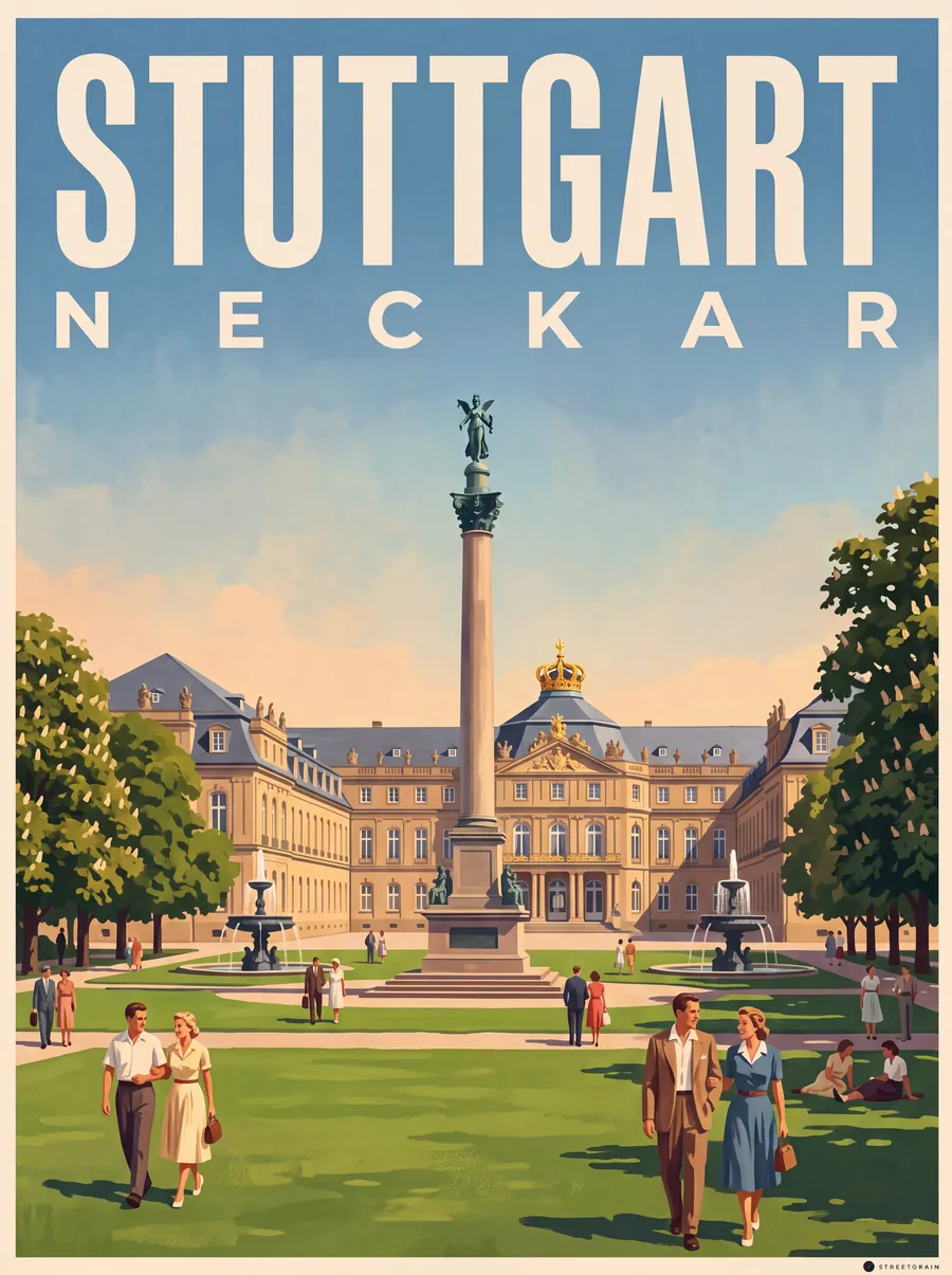 Stuttgarter Schlossplatz mit Jubiläumssäule, Springbrunnen und Neuem Schloss, Malerisch