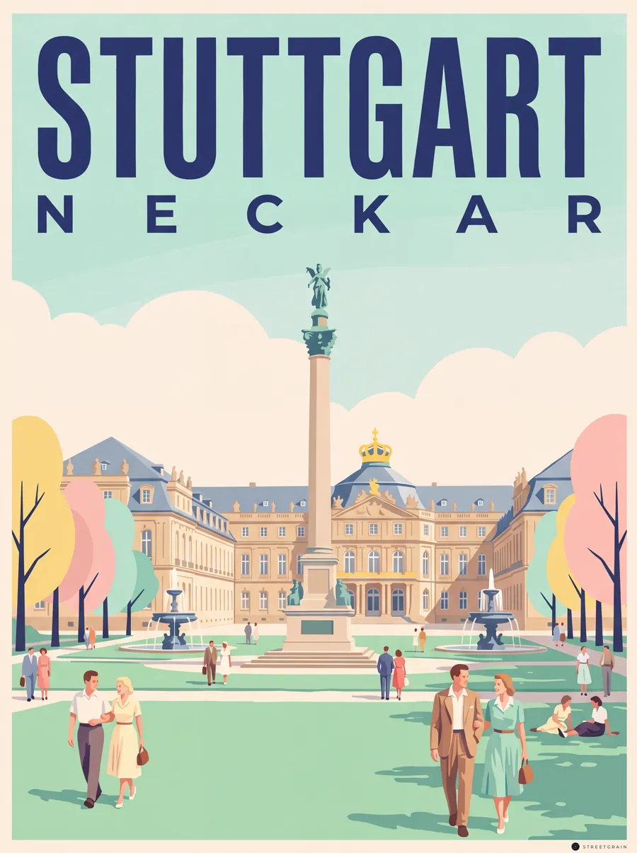 Stuttgarter Schlossplatz mit Jubiläumssäule, Springbrunnen und Neuem Schloss, Mid-Century