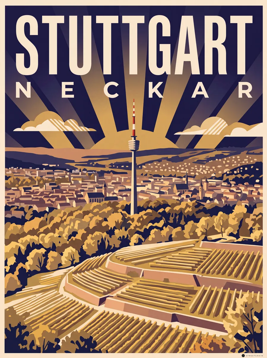 Stuttgarter Fernsehturm über Weinbergen und dem Talkessel, Art déco
