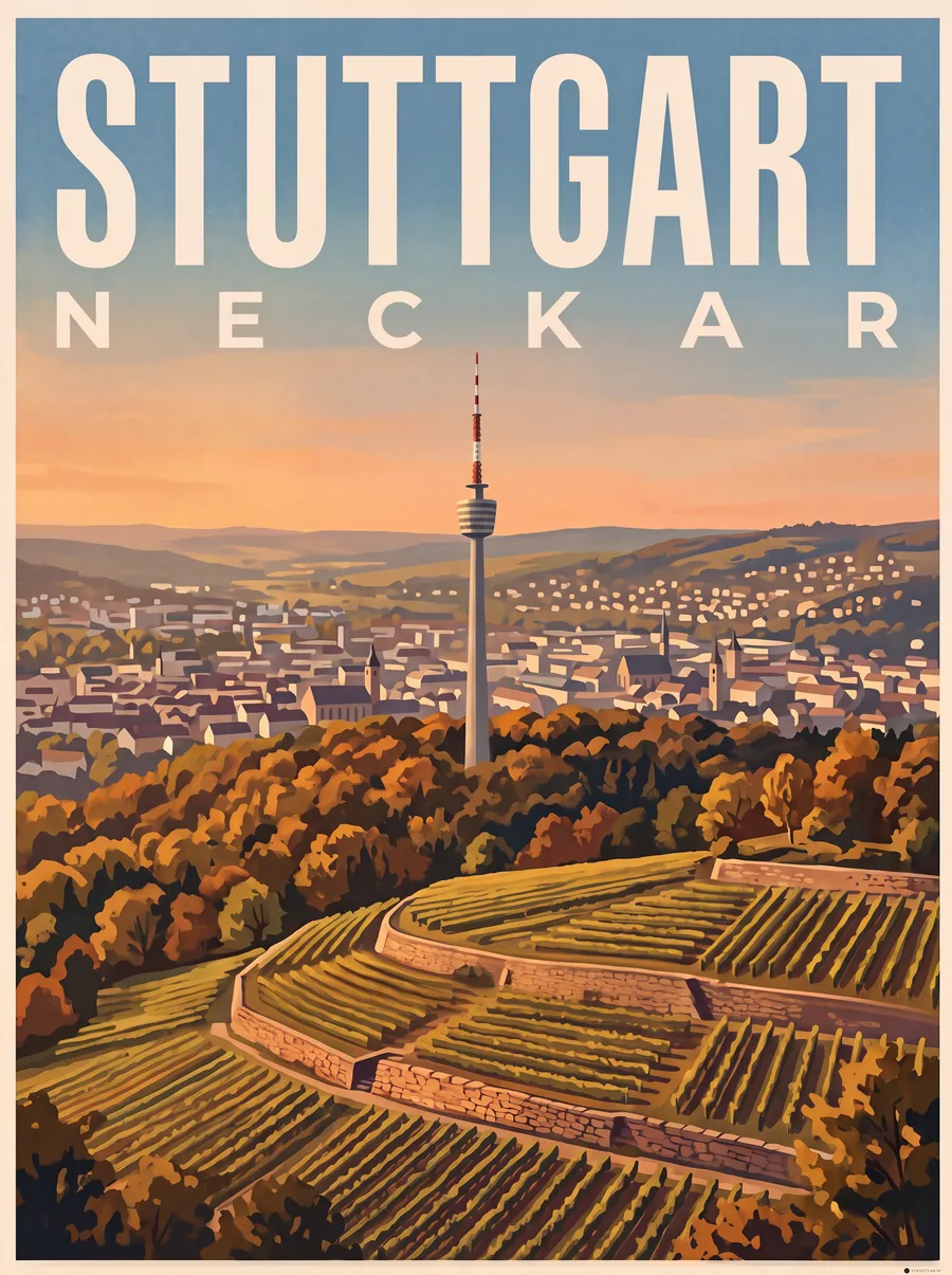 Stuttgarter Fernsehturm über Weinbergen und dem Talkessel, Malerisch