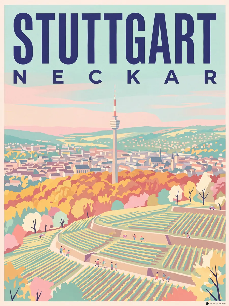 Stuttgarter Fernsehturm über Weinbergen und dem Talkessel, Mid-Century