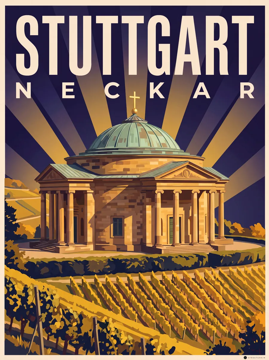 Grabkapelle auf dem Württemberg zwischen Weinbergen, dahinter das Neckartal, Art déco