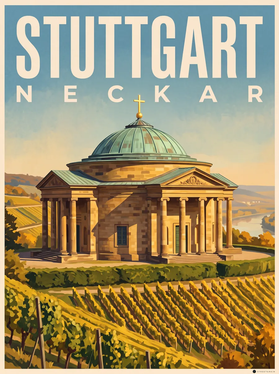 Grabkapelle auf dem Württemberg zwischen Weinbergen, dahinter das Neckartal, Malerisch