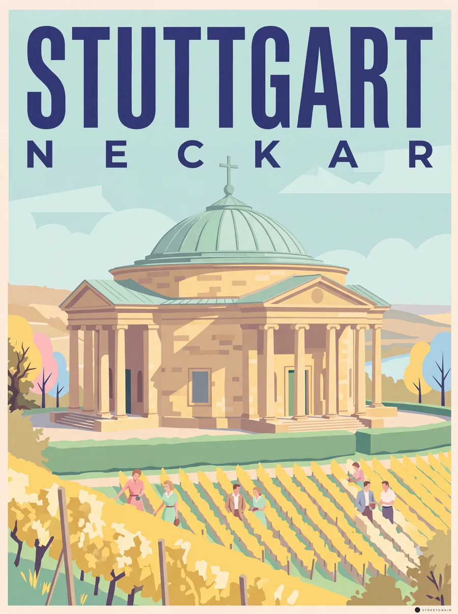 Grabkapelle auf dem Württemberg zwischen Weinbergen, dahinter das Neckartal, Mid-Century
