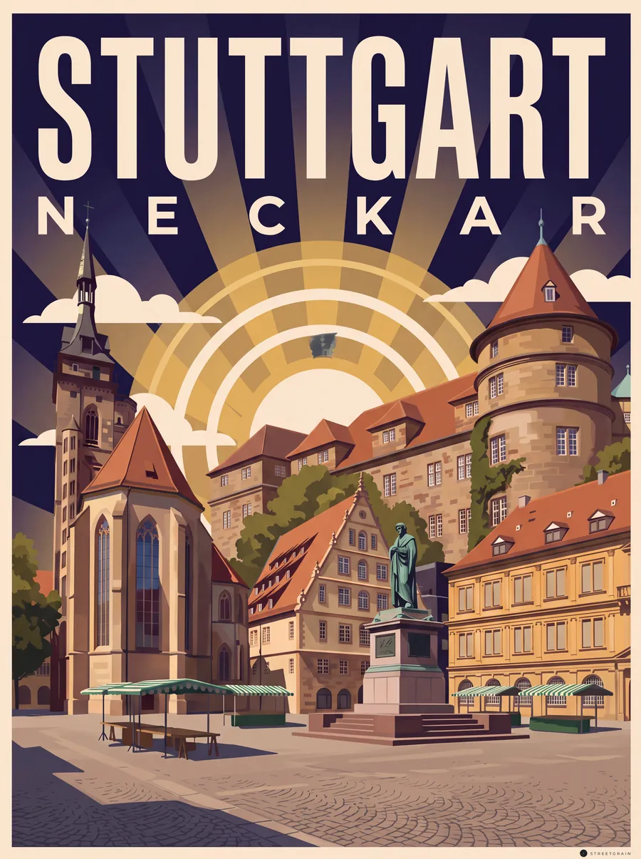 Schillerplatz in Stuttgart mit Schillerdenkmal, Stiftskirche und Altem Schloss, Art déco